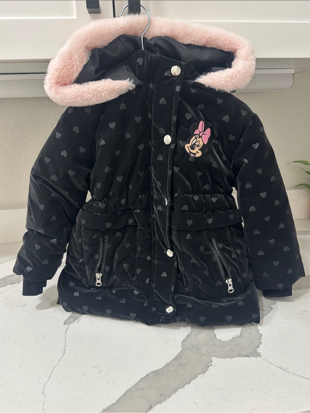 Disney Black Puffer Coat with Pink Faux-Fur Hood Trim 4t
